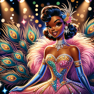 "Create an image of a vibrant female character that takes inspiration from the classic Betty Boop, reimagined as an African-American figure. She stands in the spotlight with an air of confidence, boasting an extravagant costume. Her attire features a dazzling corset adorned with crystals and a skirt parting gracefully to reveal her legs, all in a harmonious palette of pink, blue, and gold. Expansive, opulent feathers fan out from her back; a striking array of the same pink, blue, and gold hues, creating a visual spectacle that mimics the majesty of a peacock. The ambience is electric and lively, with sparkling lights that mimic a festive night parade. Her hair is styled in tight, glossy curls that frame her face, and her expression is one of joyous allure, with large expressive eyes and a bright, inviting smile. No text or watermark is present, ensuring that nothing distracts from the festive, animated essence of the scene."