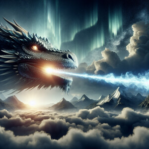 Design a hyper-realistic dragon exhaling a luminous beam from it...