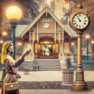 Maximalism，Park Pavilion，Wear clean and tidy clothes，Woman wi...
