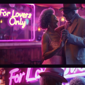 beautiful Jamaican elderly couple dancing romantically in a neon...