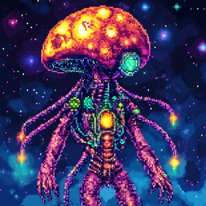 A blocky, retro 8-bit alien hybrid with exaggerated proportions:...