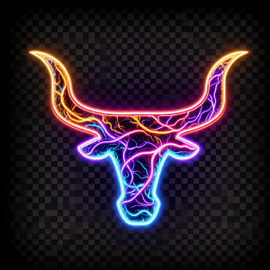 Hook'em horns logo in neon neiro style in transparent background