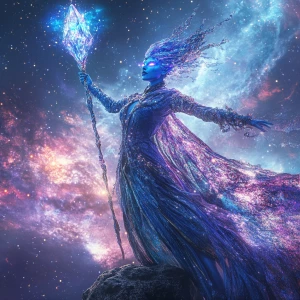 Create a hyper-realistic image of an alien witch with shimmering...