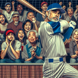 Make me an image of a man playing baseball and fans watching him...