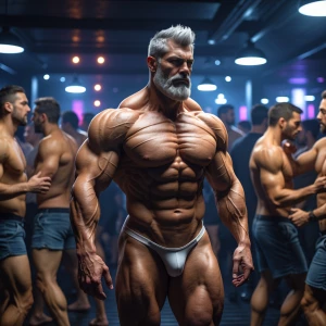 A hyper-realistic depiction of a muscular, mature bodybuilder ma...