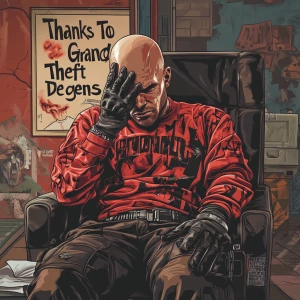 A bald man with a shiny head, dressed in a red and black long-sl...