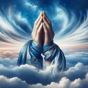 "Hands clasped in prayer pose adorned with a blue paisley bandan...