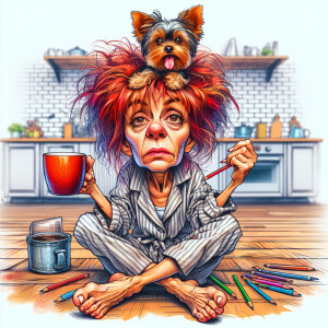 A caricature of a 53 year old woman sitting on the kitchen floor...
