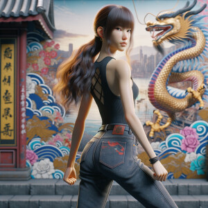 Athletic Thin skinny Attractive, Asian teenage girl, long brown hair and bangs, wearing tight skinny jeans and a halter top paint marks on her clothing, heroic pose Asian graffiti background, backside view