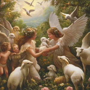 Create heaven with animals and angels greet humans