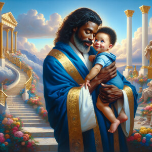 Classical oil painting style depicting an African-American Jesus...