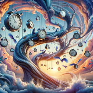 A surrealist image of a dreamscape where clocks melt over tree b...