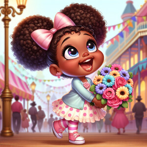 A charming, joyful African American 6-year-old girl cartoon char...