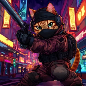 A wide-eyed ginger cat wearing a black tactical balaclava (or ma...