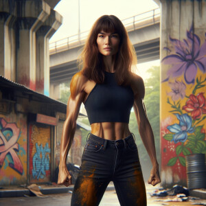 Athletic Thin skinny Attractive, Asian teenage girl, long brown hair and bangs, wearing tight skinny jeans and a halter top paint marks on her clothing, heroic pose Asian graffiti background,  backside view