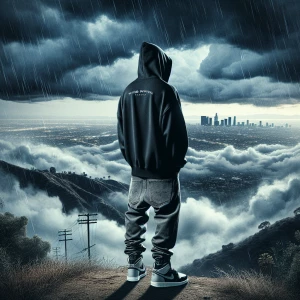 Design an album cover with the title "THE HUB TAPE 2" in large, chrome-colored letters at the top, emerging from a backdrop of thick, dark rainstorm clouds. Include "PYRAMID PRODUCTIONS PRESENTS" in smaller chrome text above the title. The artist name, "CLOUDED MIND," should appear in chrome near the bottom of the cover. Set against a black nighttime sky, feature a rap producer dressed in a black hooded sweater, baggy gray Levi 501 jeans, and black and gray Air Jordan sneakers. The figure stands at the edge of a hill with his back to the viewer, gazing over the San Gabriel Valley with the Los Angeles City Skyline visible in the distance.