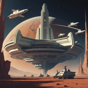 Depict a massive deco architecture-inspired space station in 2200, orbiting Mars. Showcase mars in the background, small shuttles engaging in docking and undocking maneuvers, and include imposing military vessels safeguarding the station. All following a deco design, with sleek and clean looking style and asymmetrical designs.