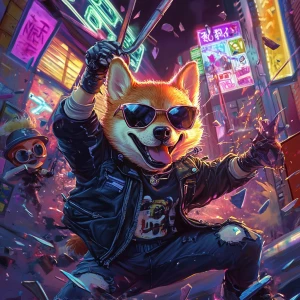 BONK meme Shiba Inu dog wearing sunglasses and a leather jacket,...