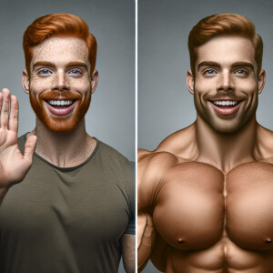 In a before-and-after image, the before is a cute, ginger, freck...
