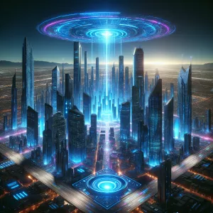 A futuristic cityscape illuminated by vibrant neon lights in sha...