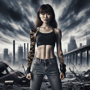 Thin Asian teen girl wearing tight jeans and a halter top Long brown hair and bangs, tattoos on her arms, athletic heroic pose