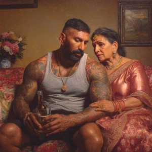 Realism,painting.a muscular beefy sweaty tattoed indian man sitt...