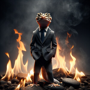 geccon in business suit stay in flame
