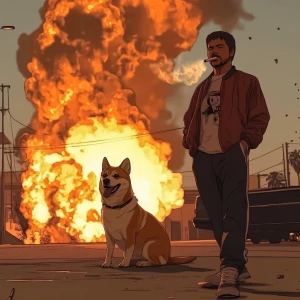 DOGE meme..smoking a cigarette in street clothes while things ex...