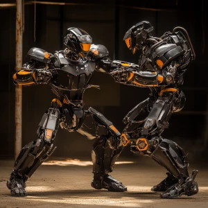Visualize an intense battle between two humanoid robots, each po...