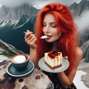 Ginger girl eating Cheesecake with cap of cappuccino on the top...