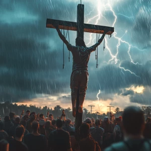 Modern man hanging on a T shaped cross, looking at the sky, clou...