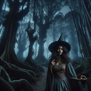 A magnificent witch wearing a witches hat, gracefully strolling...