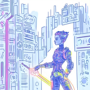 Futuristic cyberpunk warrior woman in vector art, sleek armor wi...