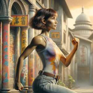 Athletic Thin skinny Attractive, Asian teenage girl, long brown hair and bangs, wearing tight skinny jeans and a halter top paint marks on her clothing, heroic pose Asian graffiti background, side view