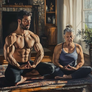 Realism painting 1:1,a muscular sweaty man doing yoga with his 5...