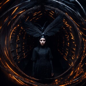 "A dark fairy, adorned with luminescent ancient runes and ensnar...