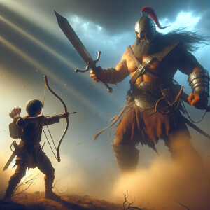 photorealistic painting of David with sling shot and a giant Gol...