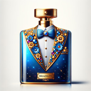 Create a blue and gold cologne bottle in the shape of a tuxedo w...