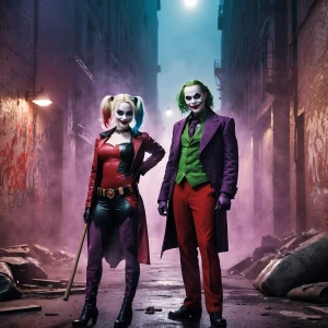 Create an image of Harley Quinn and the Joker standing together...