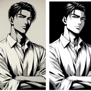 a man in a white shirt with his arms crossed, a character portra...