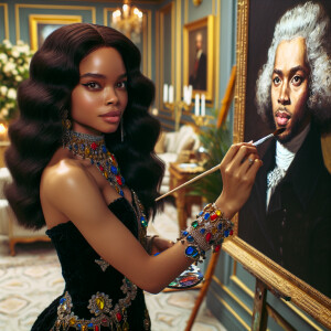 In a high-class, elegantly decorated studio, a very light-skinne...