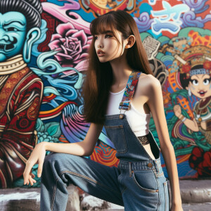 Very thin Athletic Thin skinny Attractive, Asian teenage girl, long brown hair and bangs, wearing tight skinny jeans and a halter top paint marks on her clothing, sitting side view heroic pose Asian graffiti