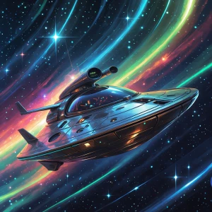 Create a digital painting of a sleek, futuristic starry skiff gl...