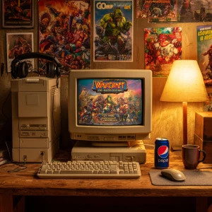 A nostalgic 1990s retro gaming setup in a dimly lit room at nigh...