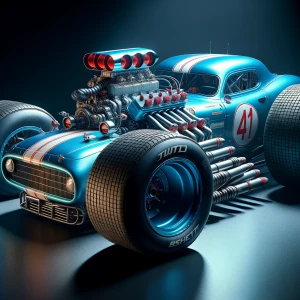 Create a 3D image of a Volkswagen funny car featuring oversized...