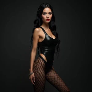 A powerful studio shot of Dahlia Valentina wearing a sleek, blac...