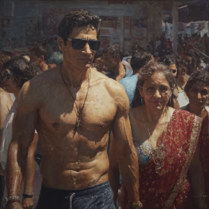 hyperrealism oil painting,a muscular beefy kashmiri man walking...