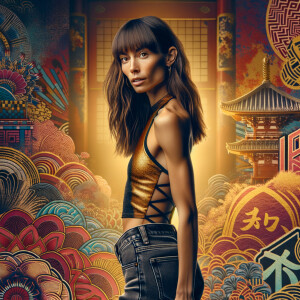 Athletic Thin skinny Attractive, Asian teenage girl, long brown hair and bangs, wearing tight skinny jeans and a halter top paint marks on her clothing, heroic pose Asian graffiti background, backside view