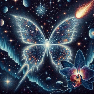 Stars,comet,constellations,orchid,Aurora,butterfly,pointillism,a...