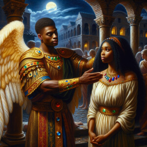 Create an oil painting image featuring a male angel and a grievi...